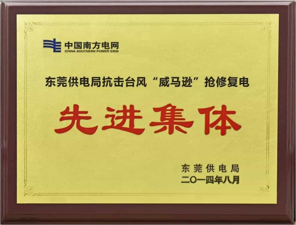 2014年8月，广东昊阳电力建设有限公司在抗击台风威马逊抢修复电中表现突出，被东莞供电局评为先进集体.jpg